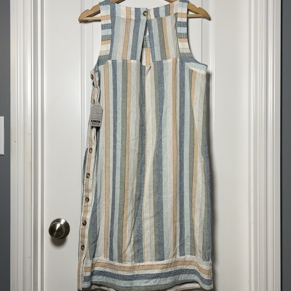 For Cynthia Linen Blend Stripe Button Side Shift Dress Coastal Chic Earthy Style - Picture 2 of 2